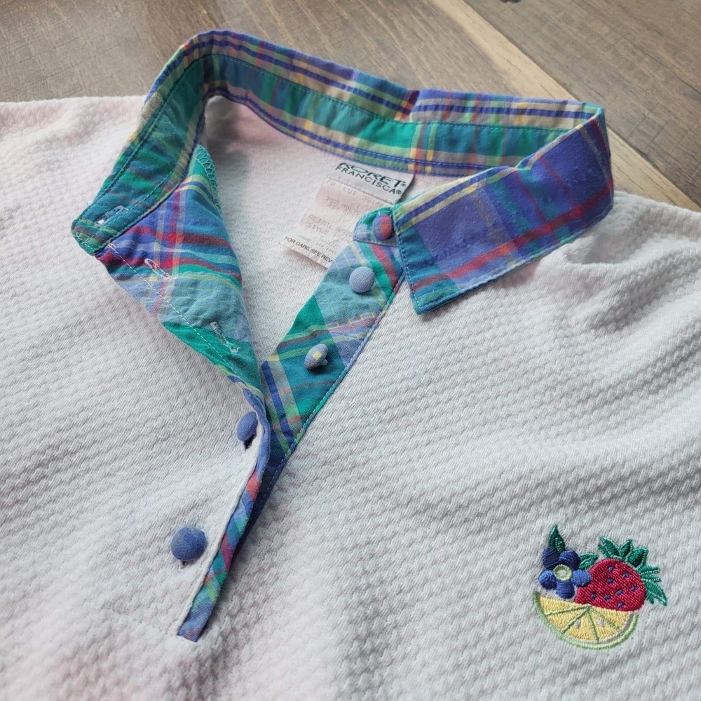 Koret Francisca Womens Large White Textured Knit Polo Top Fruit Embroidery Plaid
